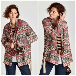 Zara Jacquard Fringe Boho Cardigan
